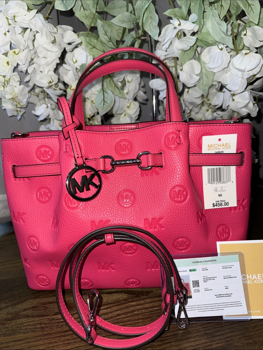 Michael Kors Hot Pink MK Embossed Leather Satchel with Strap